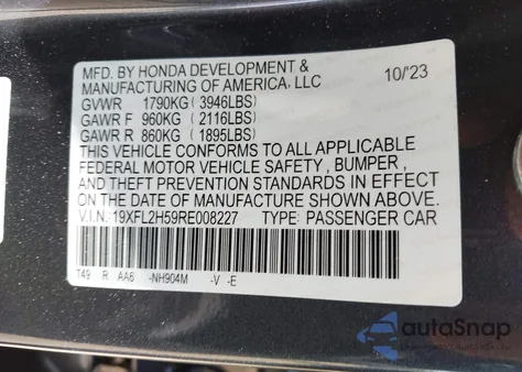 2024 Honda Civic Lx z USA, uszkodzony, nr VIN 19XFL2H59RE008227